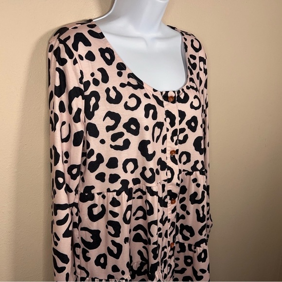 LARGE LEOPARD PRINT TUNIC DRESS TOP RUFFLE LONG SLEEVE STRETCH BLACK CREAM/PINK - Picture 5 of 12